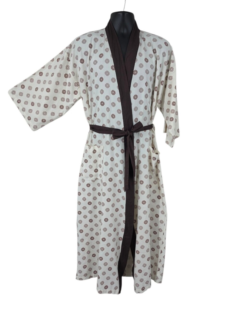 Vintage Hotel Furama Hong Kong Batik Cotton Kimono Robe Brown on Off White